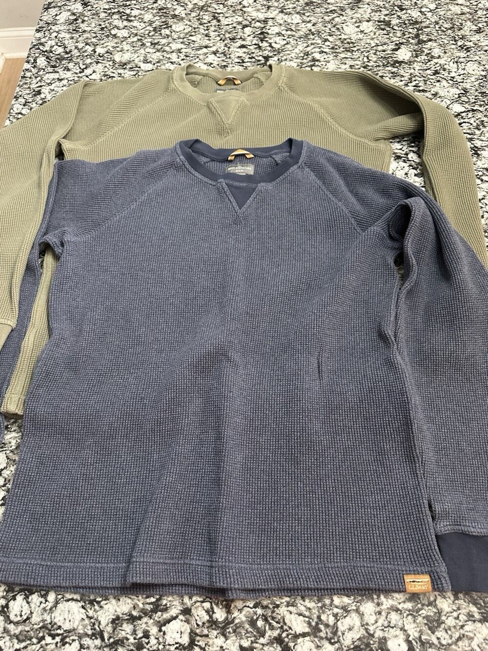 LL Bean Signature Waffle Crew Mens L Olive Green Navy Thermal Slim Fit Lot Of 2